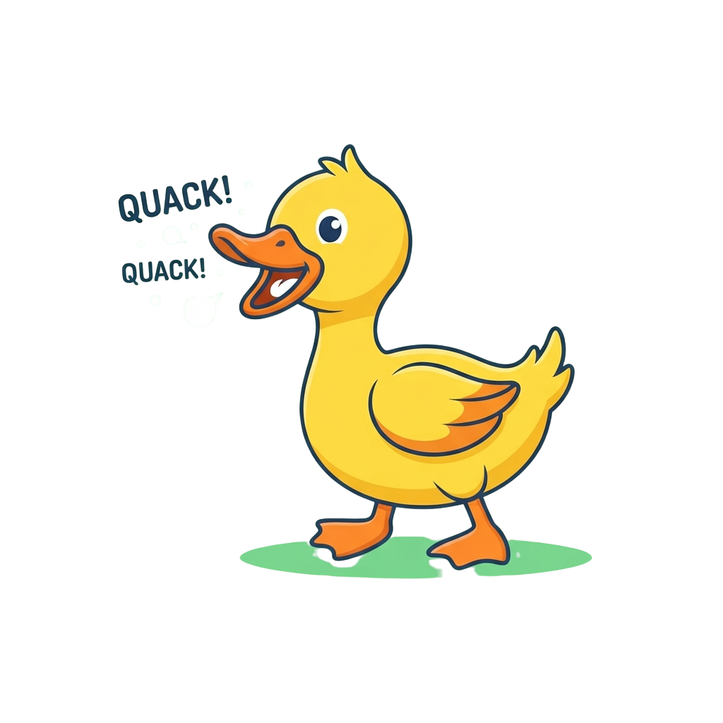 A cheerful yellow cartoon duck standing on green ground, quacking with speech bubbles saying quack