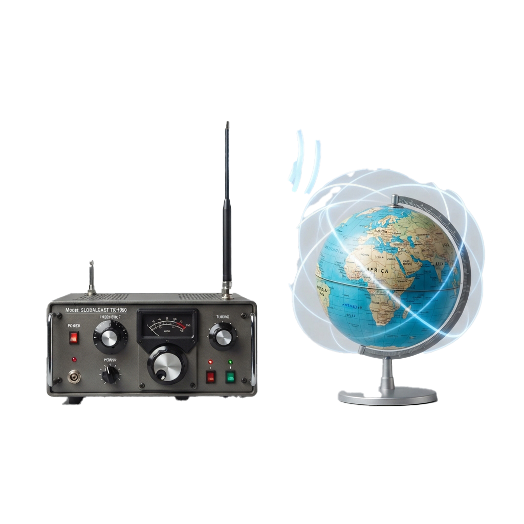 A vintage shortwave radio next to a globe with sound waves emanating from it.