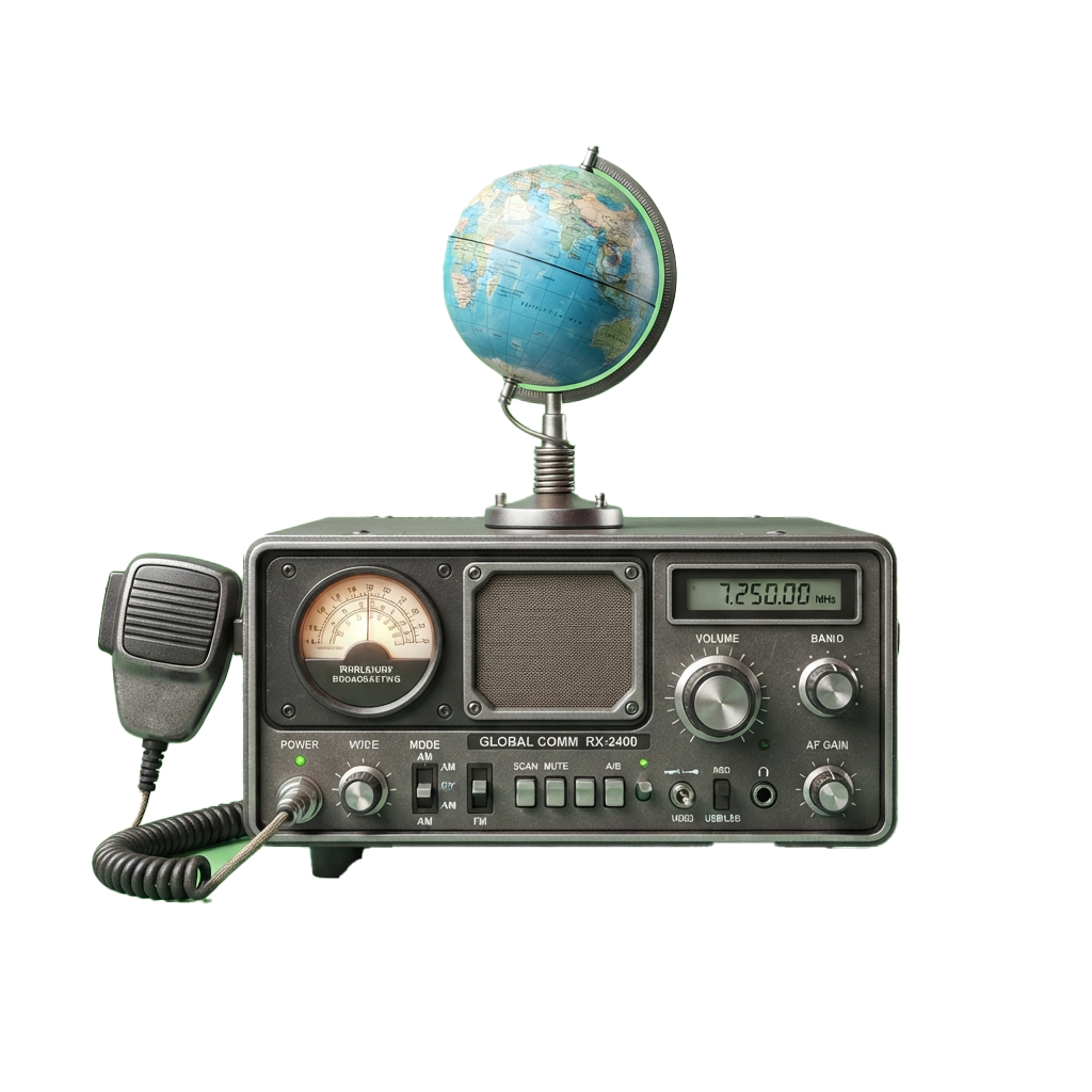 A vintage shortwave radio with a microphone, tuning dial, and a globe mounted on top.