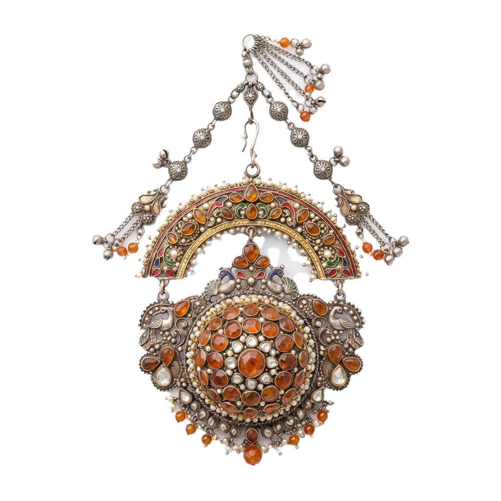 An intricately designed silver pendant adorned with colorful gemstones and pearls, featuring a circular and arched structure.