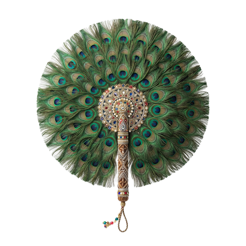 Decorative hand fan with peacock feathers and an intricately bejeweled handle