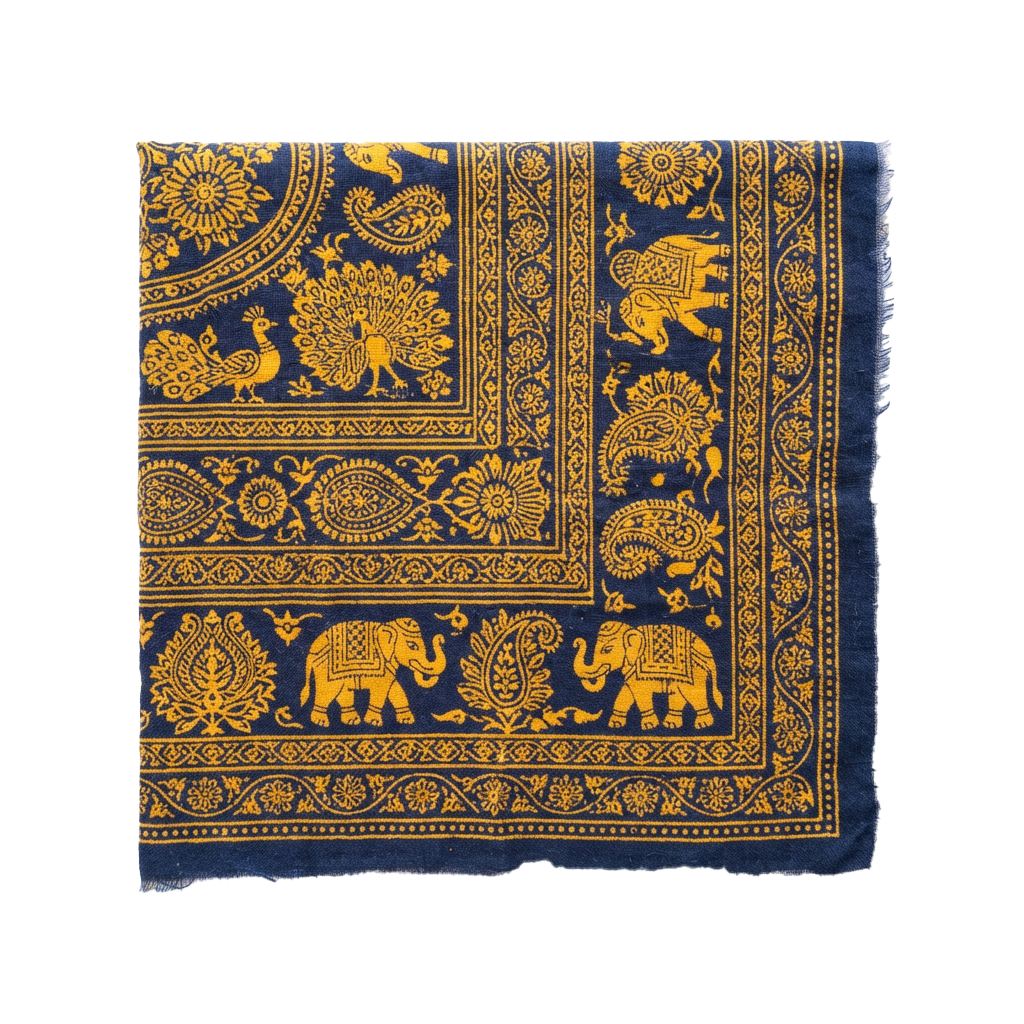 Fabric with blue background and gold intricate designs featuring elephants, peacocks, and floral patterns