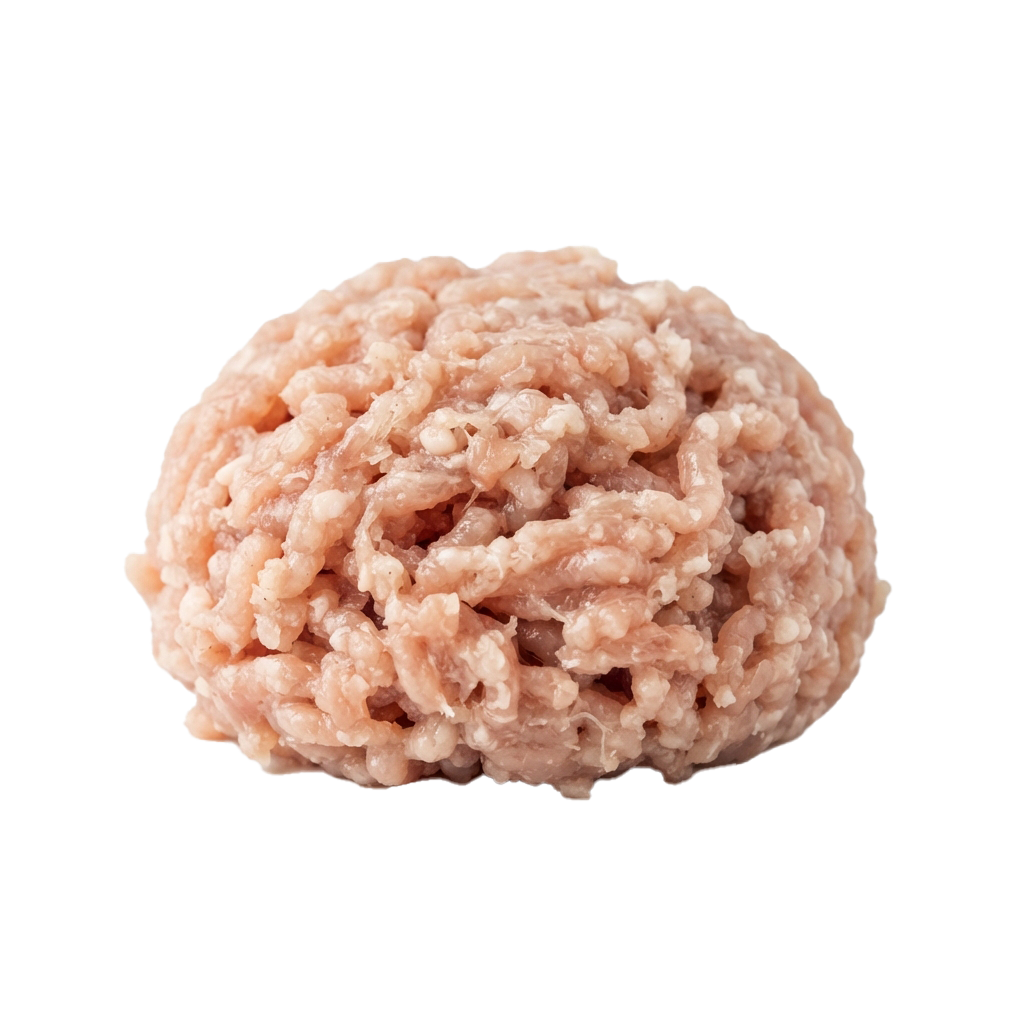 A close-up image of a raw, pink ground meat patty with a crumbly texture
