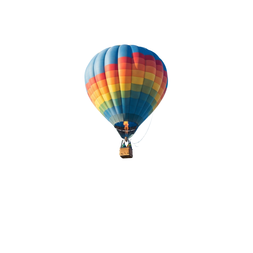 A vibrant hot air balloon with rainbow stripes flying against a dark night sky