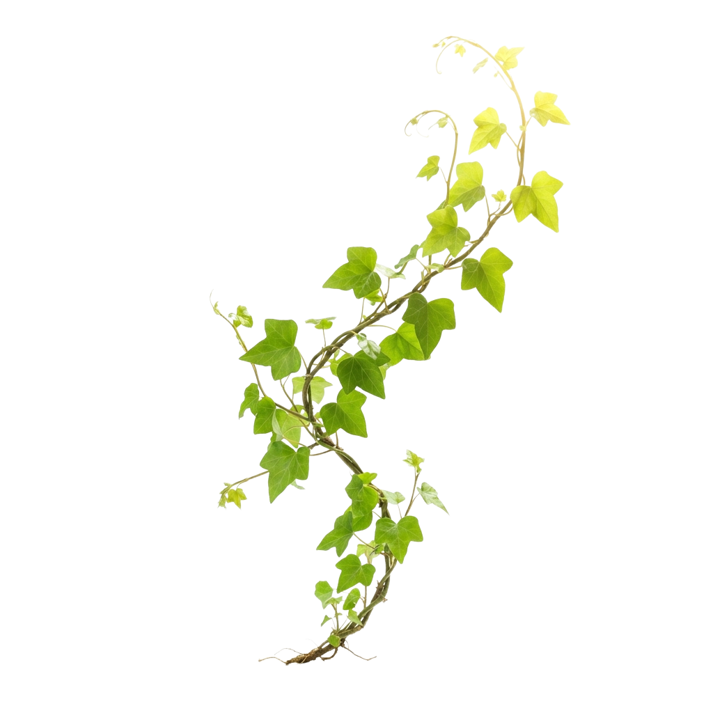 A close-up image of a green ivy plant stem with heart-shaped leaves against a black background