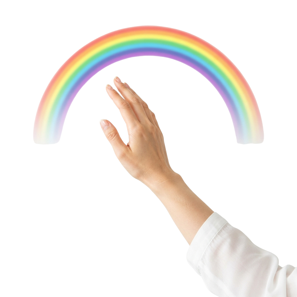 A hand reaching upward toward a bright, curved rainbow arch against a black background