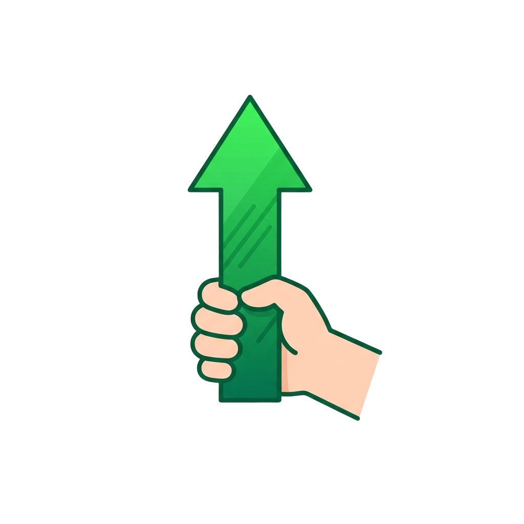 A hand gripping a large green upward-pointing arrow against a black background