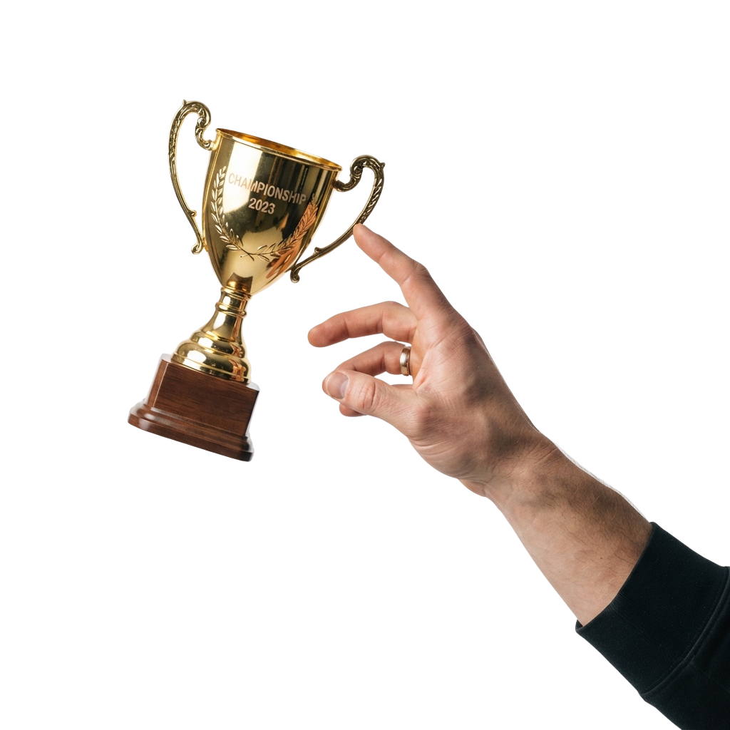 A hand holding a large golden trophy with a wooden base labeled Championship 2023