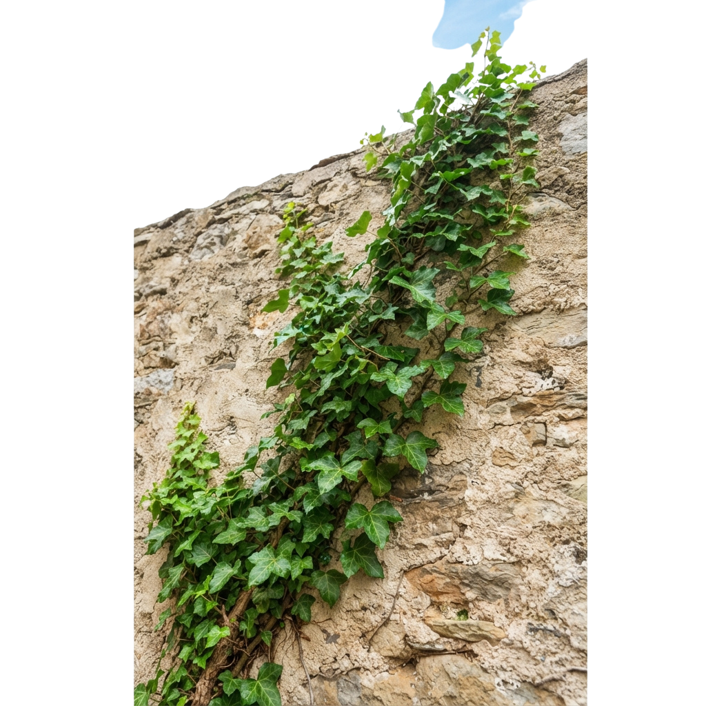 Green ivy plant growing up a rough, beige stone wall with visible roots.