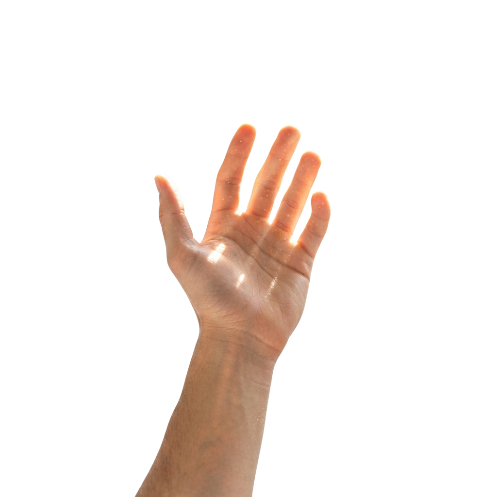 A hand with palm facing outward and fingers spread, raised against a dark background