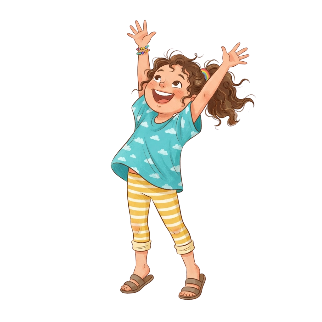 A smiling child with arms raised in joy wearing a blue shirt with clouds, striped pants, and sandals