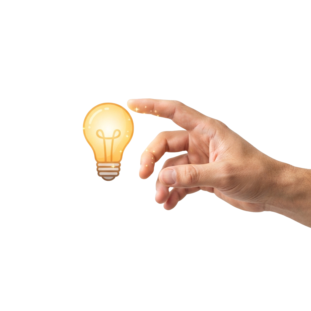 A hand pointing at a glowing light bulb against a black background