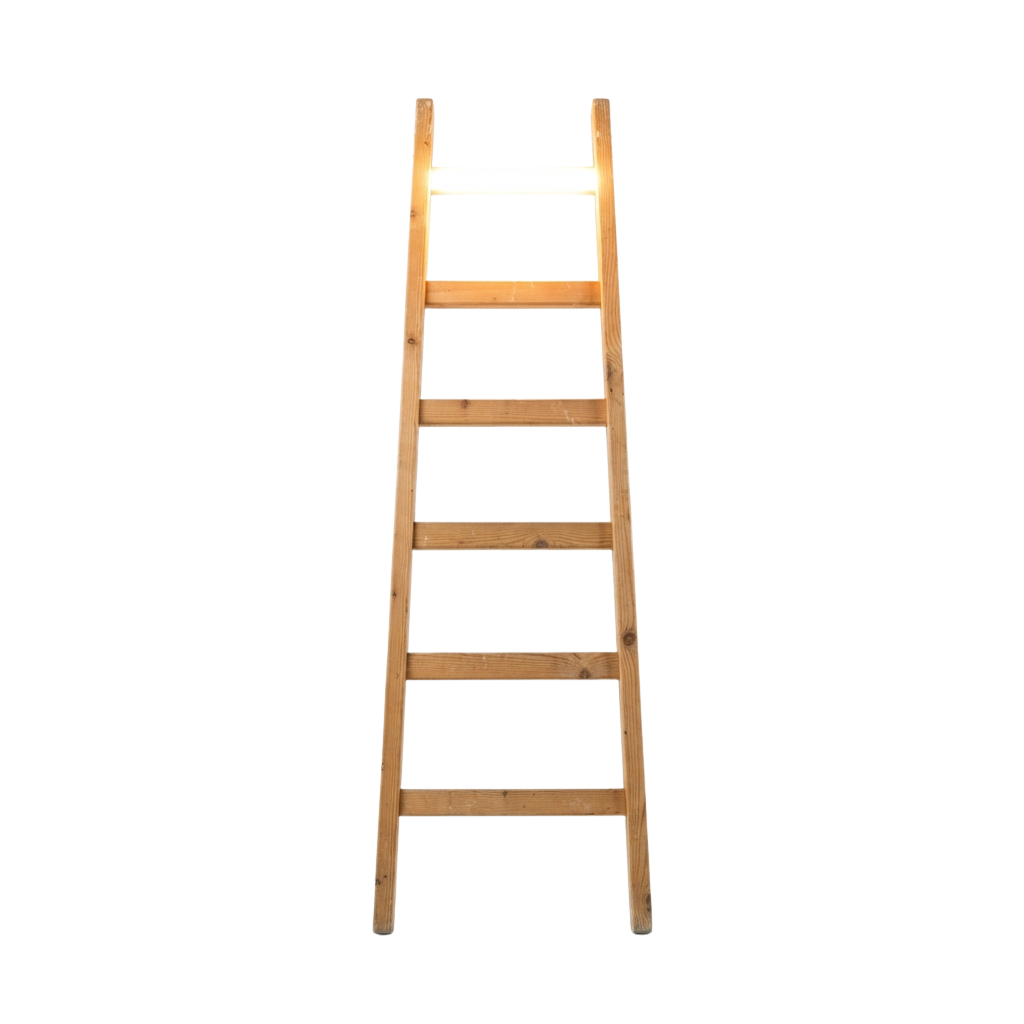 A simple wooden step ladder with five rungs against a dark background