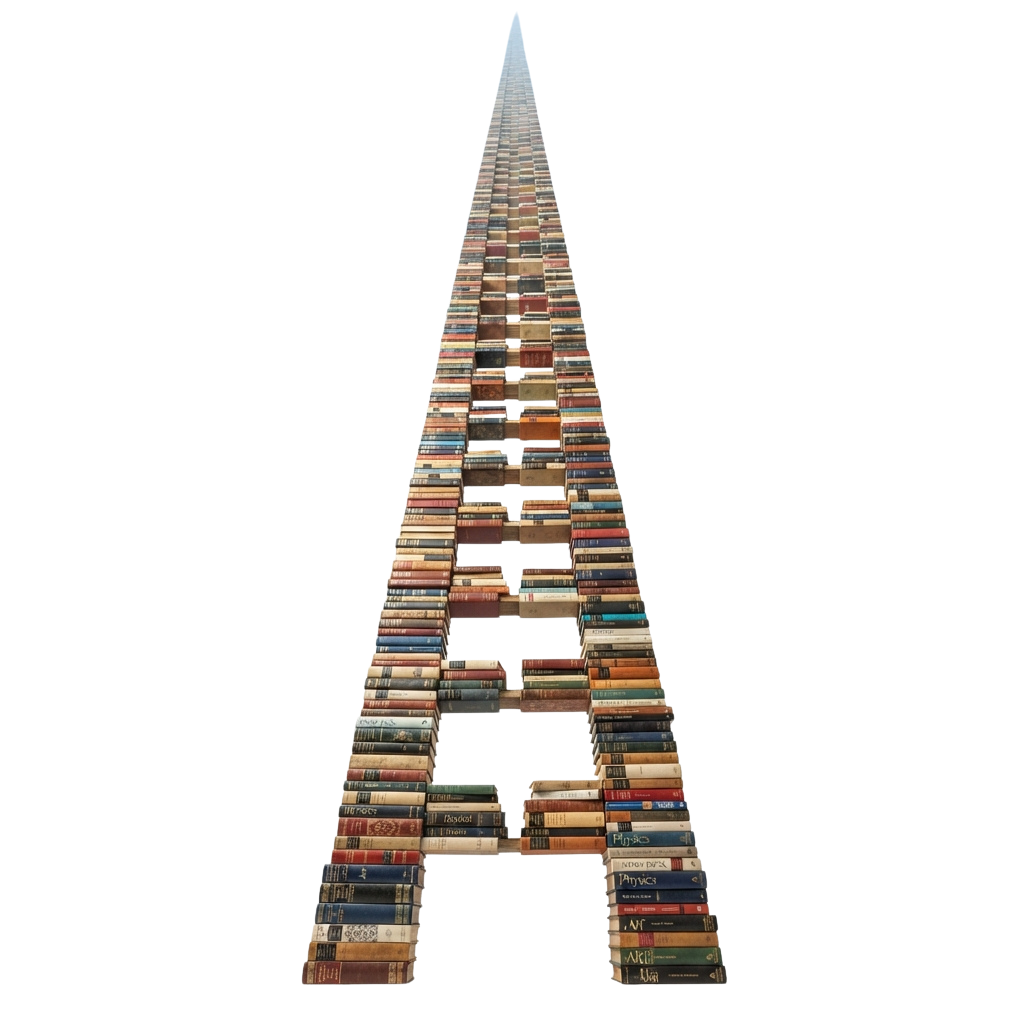 A large letter A constructed from numerous upright books forming a striking visual shape.