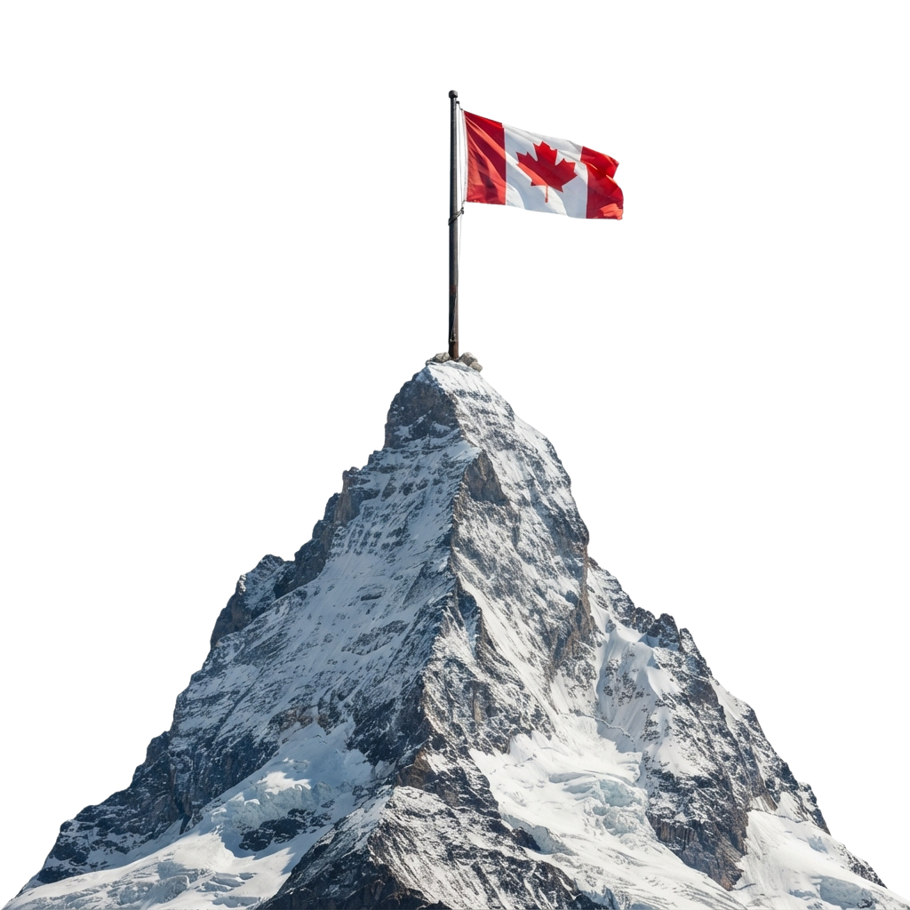 Canadian flag waving atop a snow-covered mountain peak