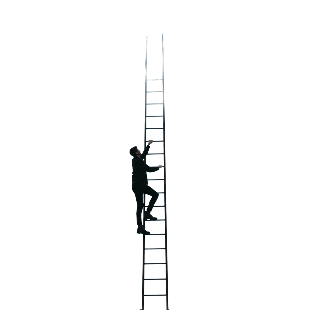 Silhouette of a person climbing a tall metal extension ladder against a dark background