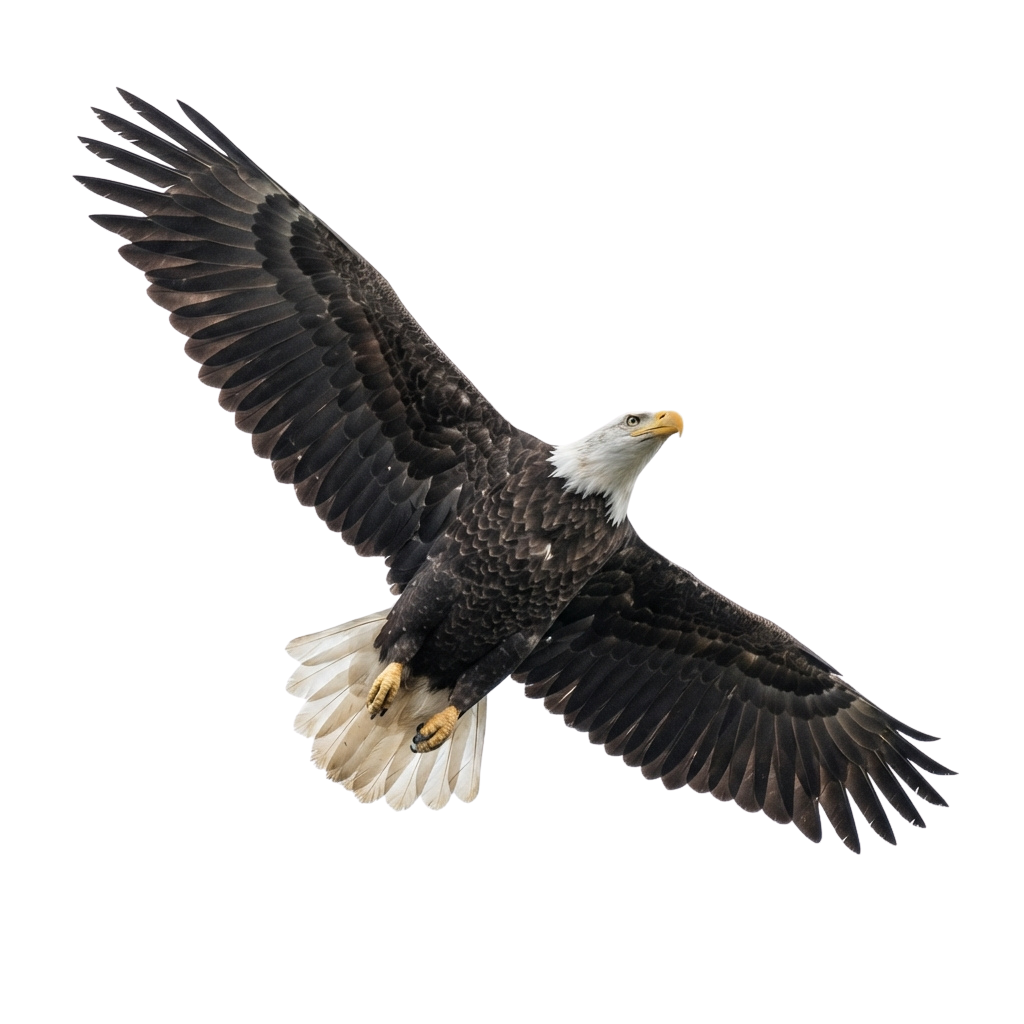 A bald eagle with white head and tail feathers soaring with wings spread wide