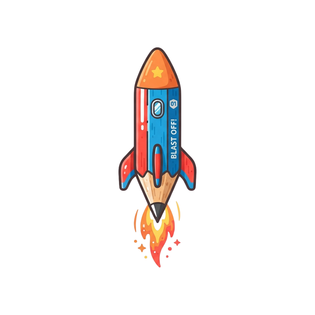 A stylized cartoon rocket launching with flames at the base and the words Blast Off on its side