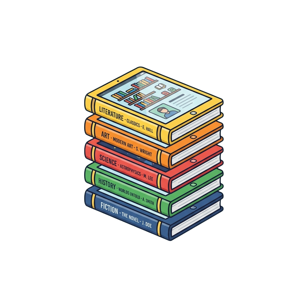 Illustration of five colorful books stacked with labels for literature, art, science, history, and fiction
