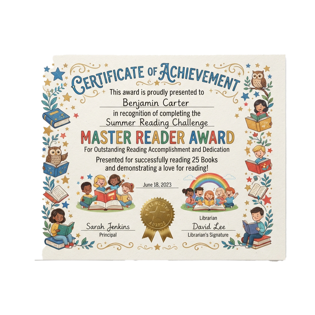 Colorful certificate celebrating a child completing a summer reading challenge with 25 books