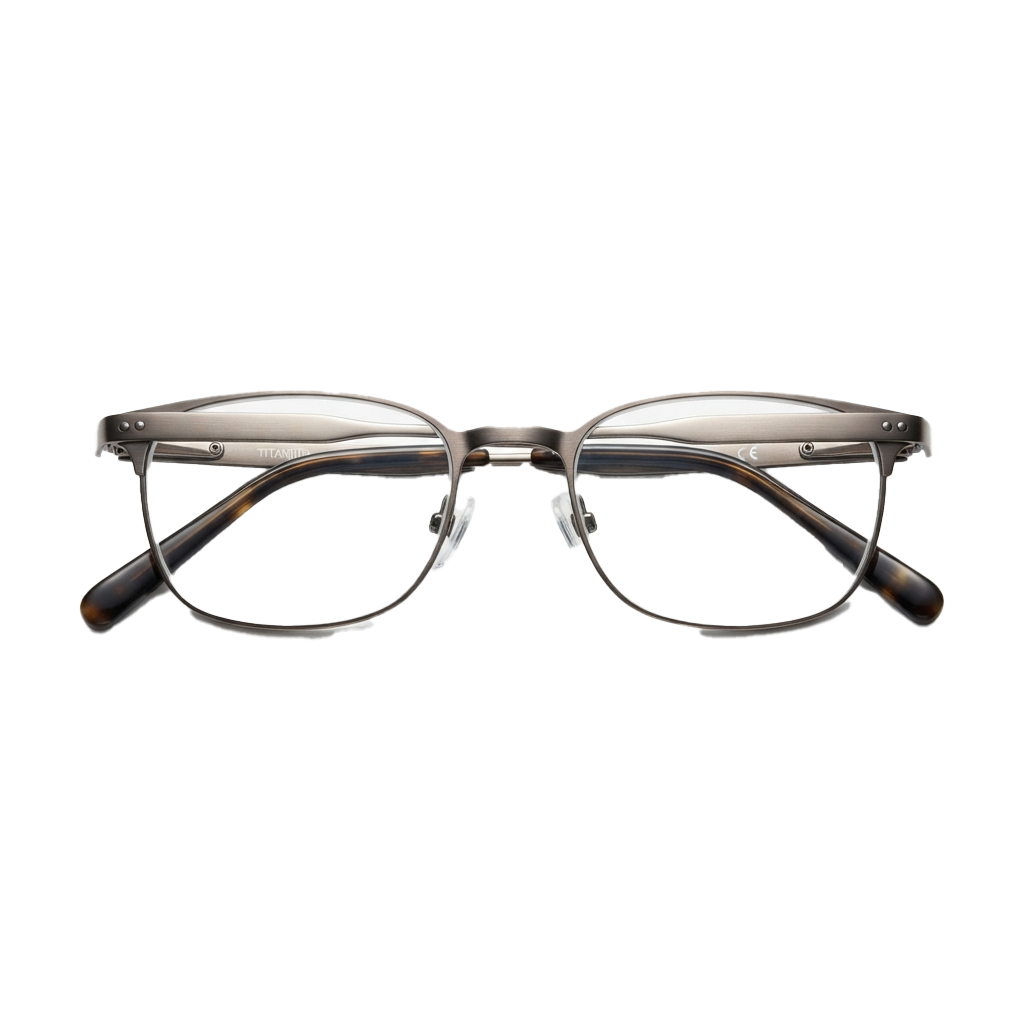 Pair of sleek metal-framed glasses with brown acetate tips against a black background