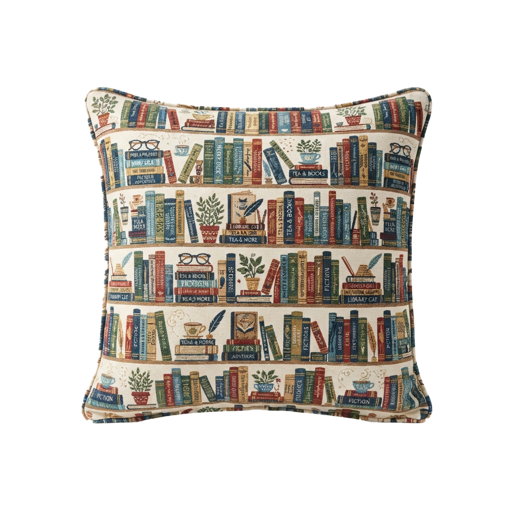 Square throw pillow featuring a colorful bookshelf design with books, glasses, teacups, and plants