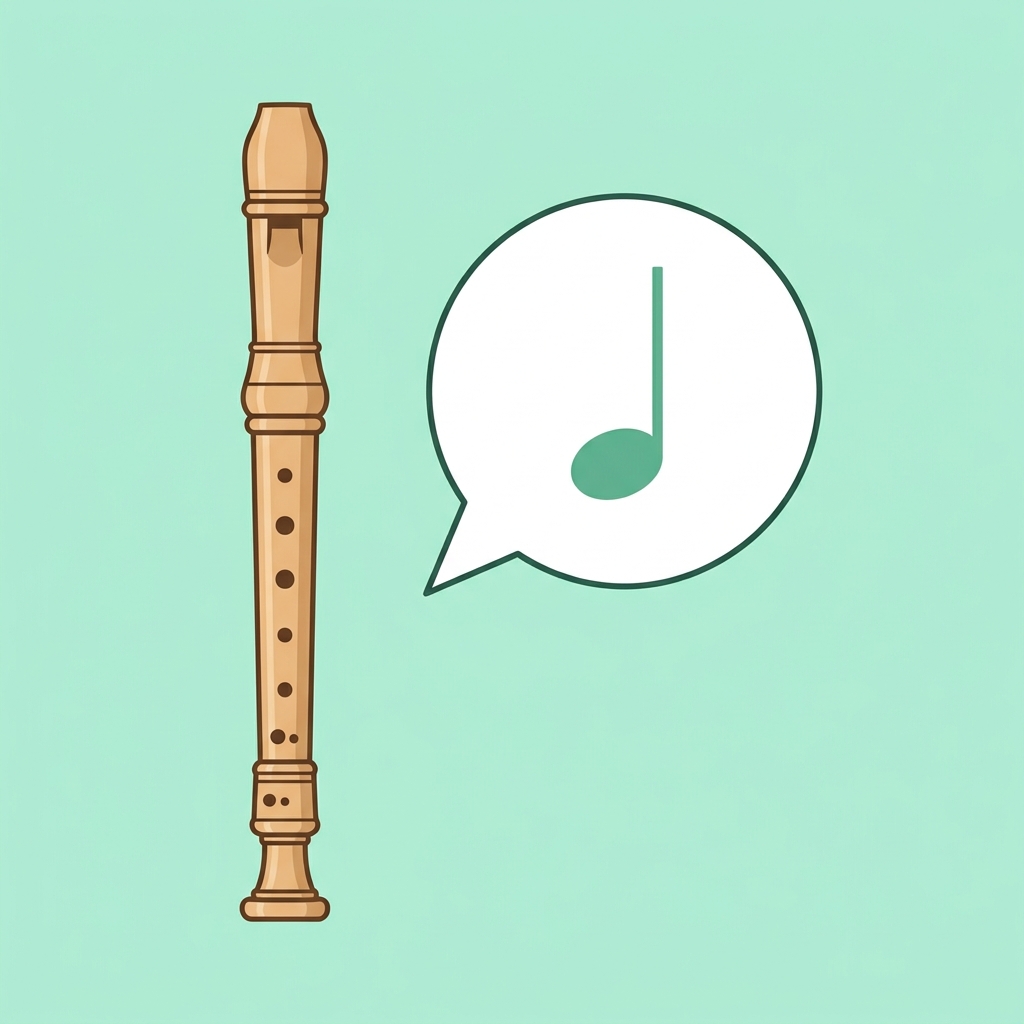 Illustration of a wooden recorder next to a speech bubble containing a green music note