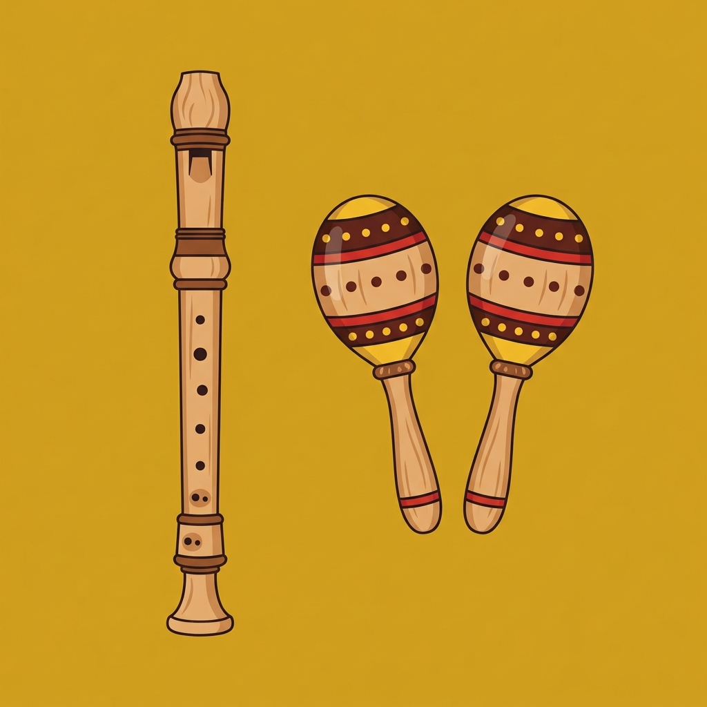 A wooden recorder and two maracas on a yellow background