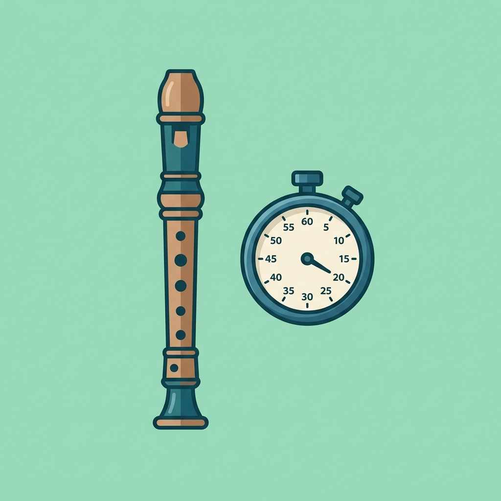 A wooden recorder next to a stopwatch with a light green background.