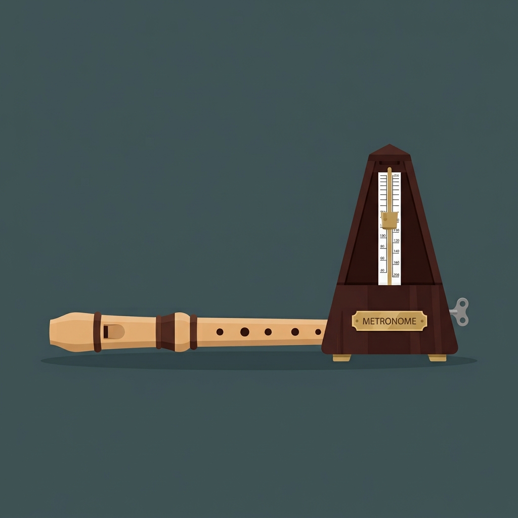 Illustration of a wooden recorder and a metronome with a tempo scale