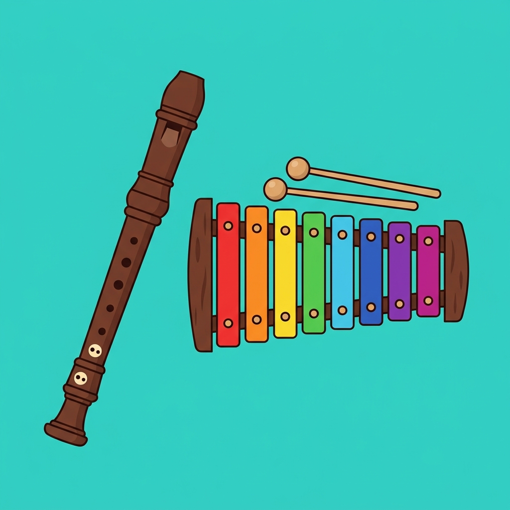 A wooden recorder and colorful xylophone with mallets on a teal background