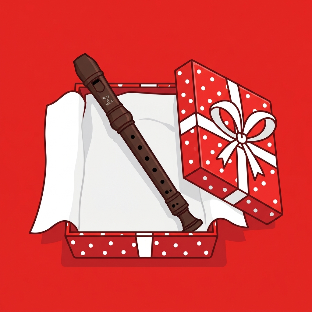 Illustration of a woodwind instrument in a gift box with a white cloth and red polka dots