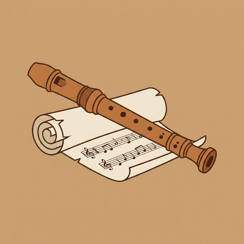 Illustration of a wooden recorder resting on a scroll of sheet music with musical notes