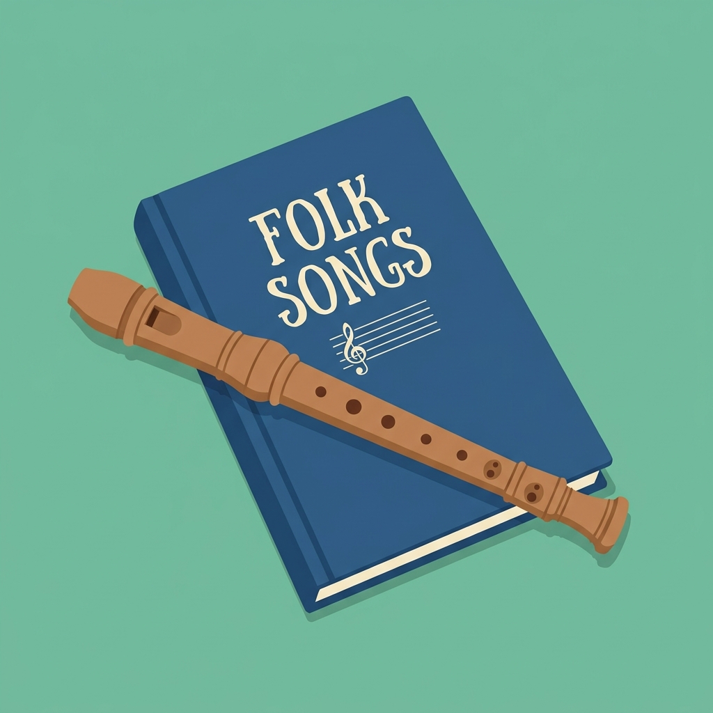Illustration of a blue book labeled Folk Songs with a wooden flute resting on top