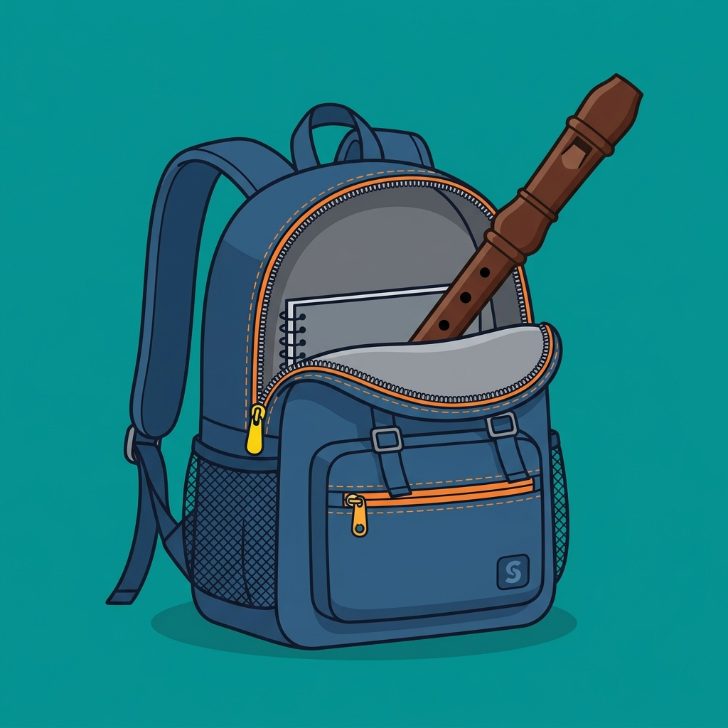 Illustration of a blue backpack with a clarinet sticking out of the top pocket