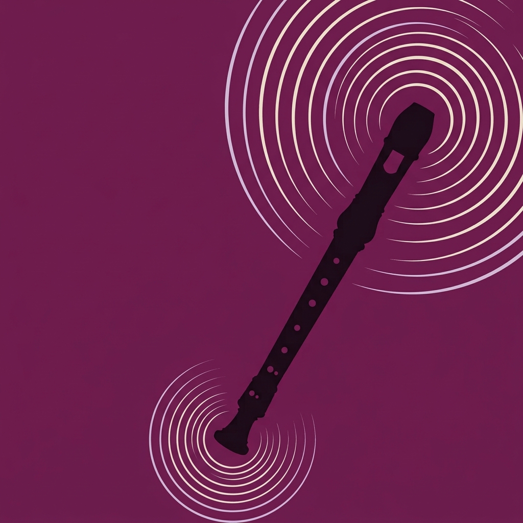 A black clarinet emitting sound waves against a purple background