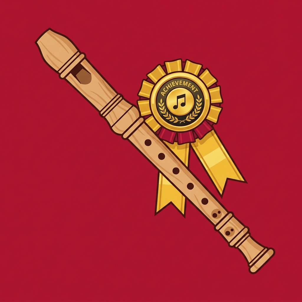 Illustration of a wooden recorder with a gold achievement ribbon and music note emblem