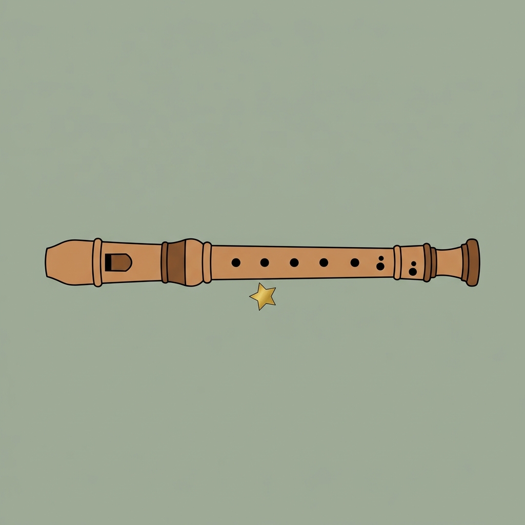 A wooden recorder with finger holes and a star next to it on a light green background