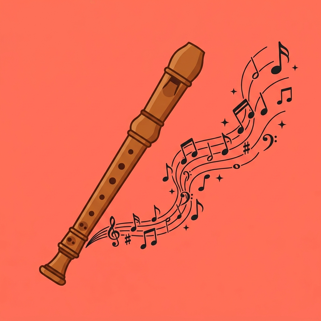 Illustration of a wooden recorder with musical notes and treble clef symbols floating around it