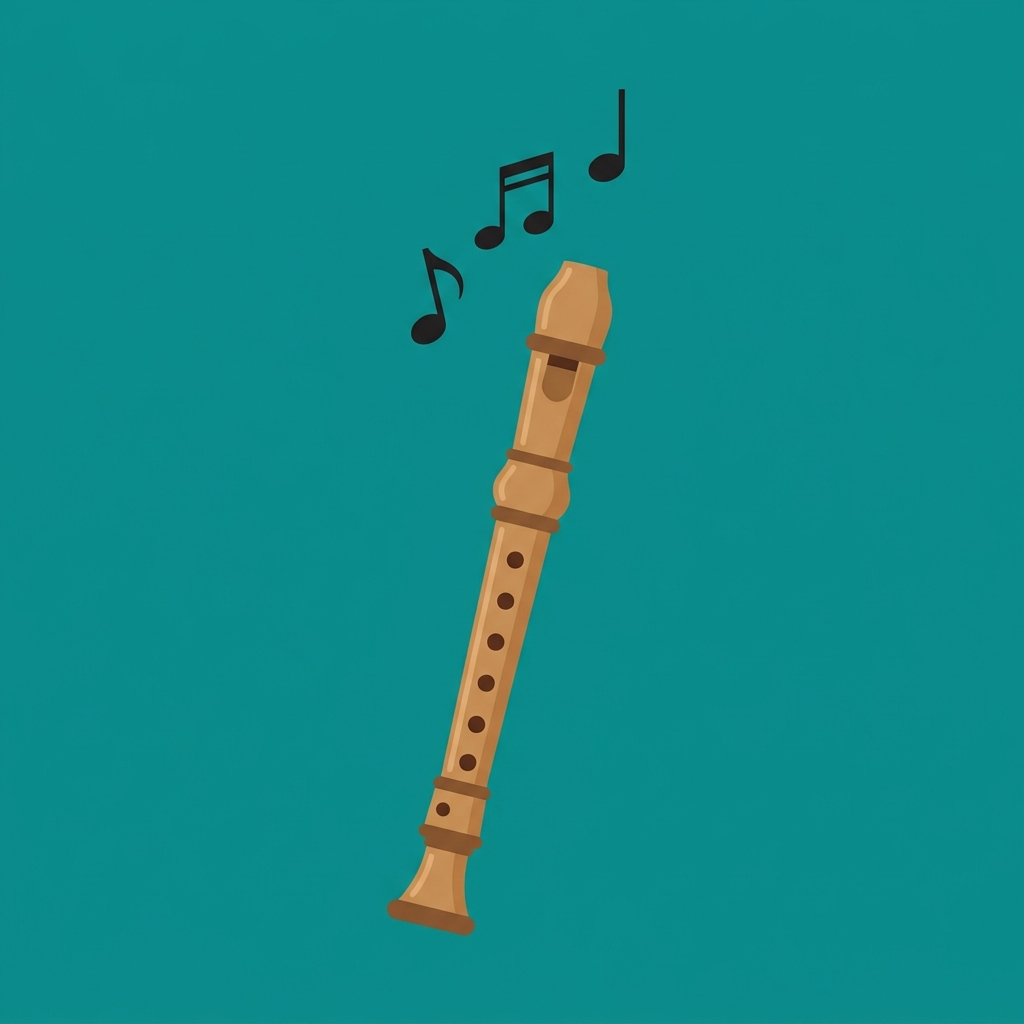 Illustration of a wooden recorder with three musical notes floating above it on a teal background