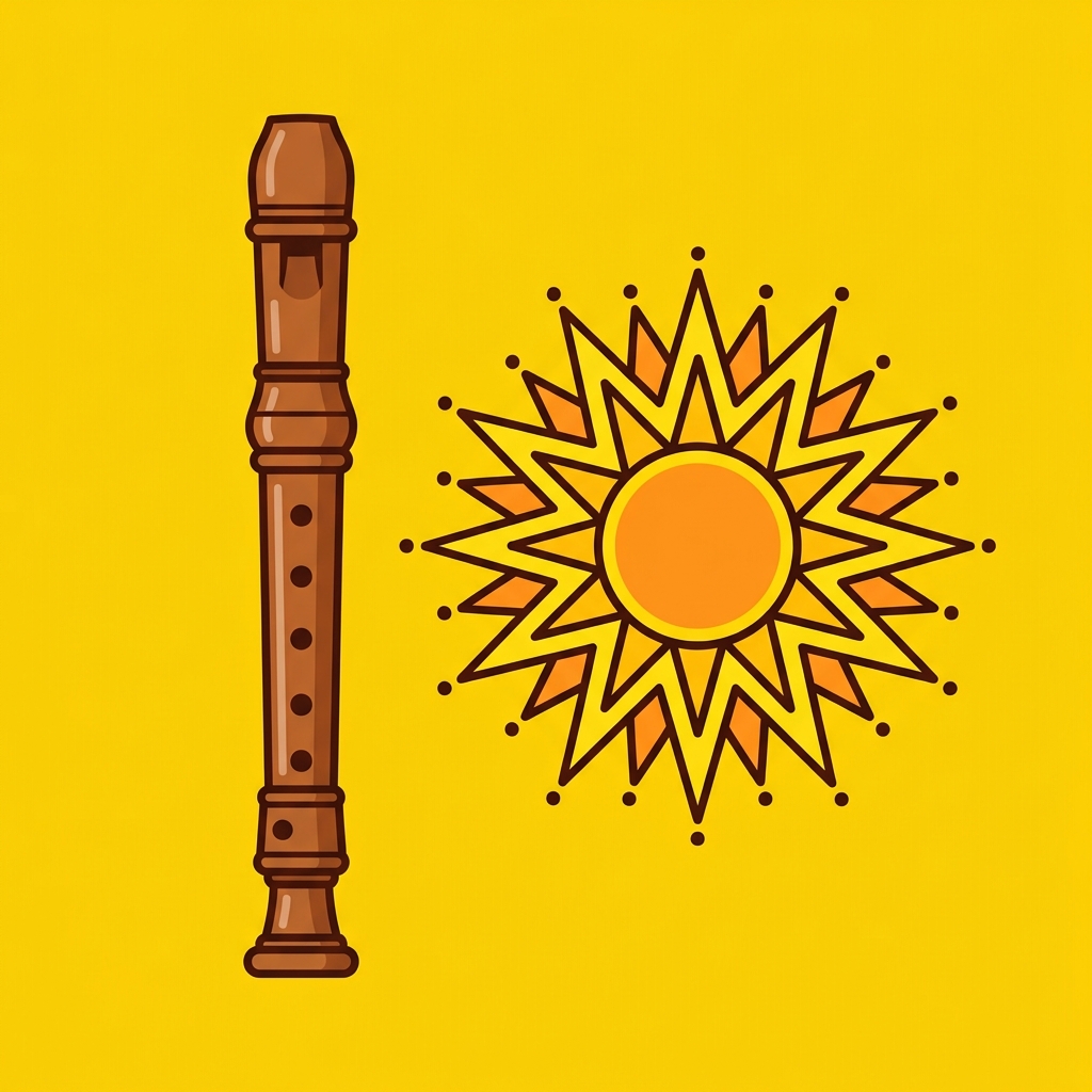 Illustration of a wooden recorder musical instrument and a stylized sun with rays