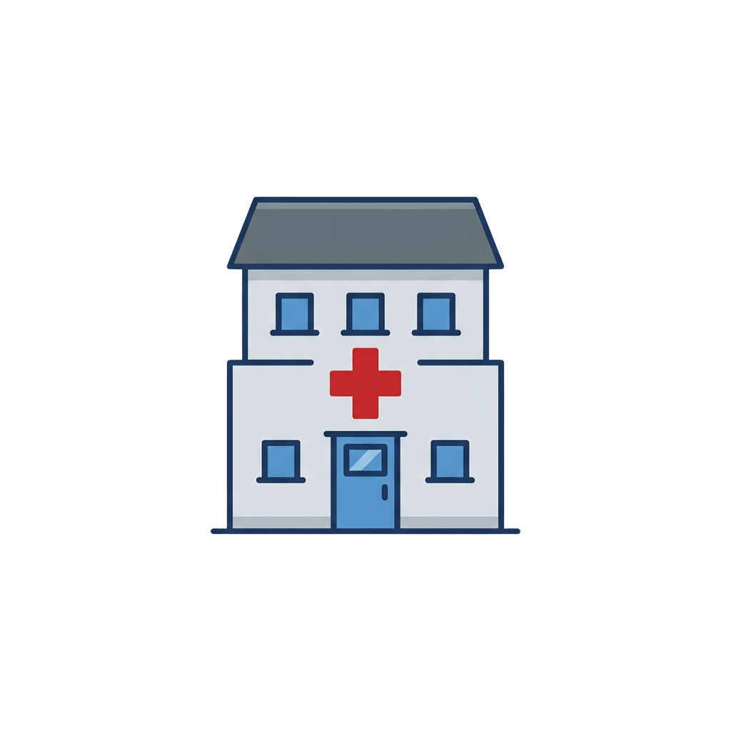 Illustration of a two-story medical building with a red cross symbol on the front