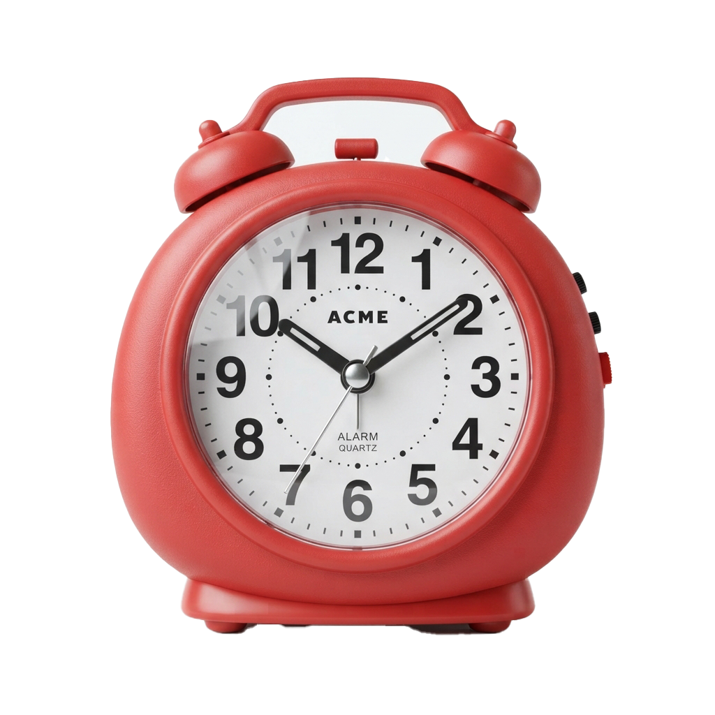Red round alarm clock displaying time 10:08, with black numbers and hands, alarm and quartz labels visible