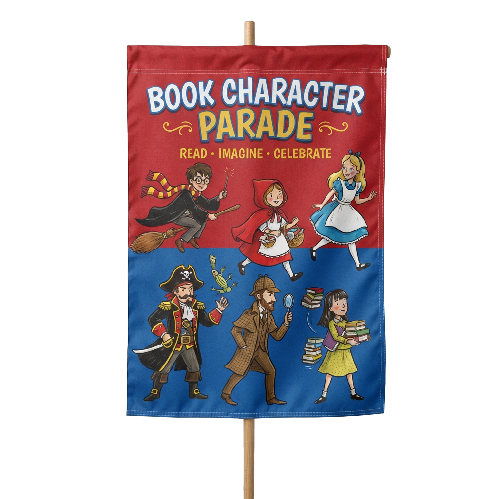 Colorful flag featuring six illustrated book characters in a parade theme with text read imagine celebrate