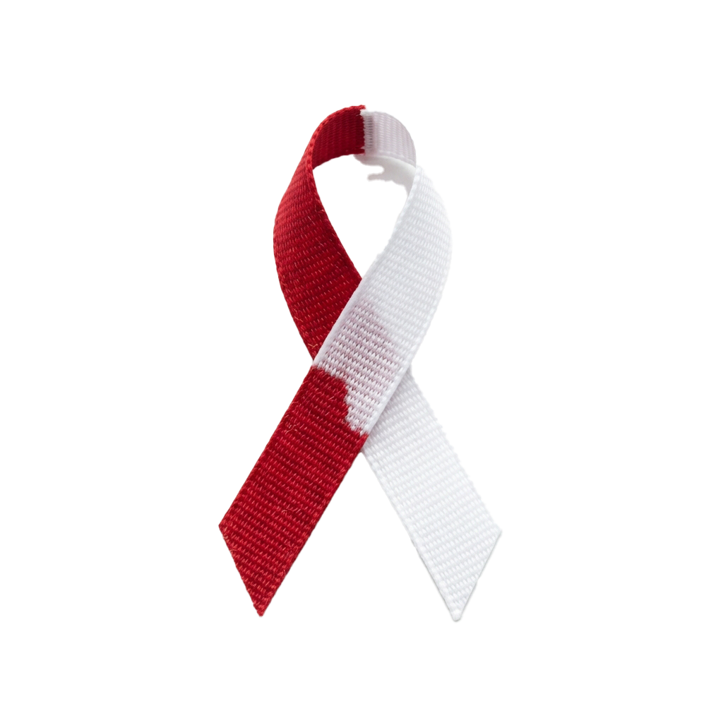 Red and white awareness ribbon on black background