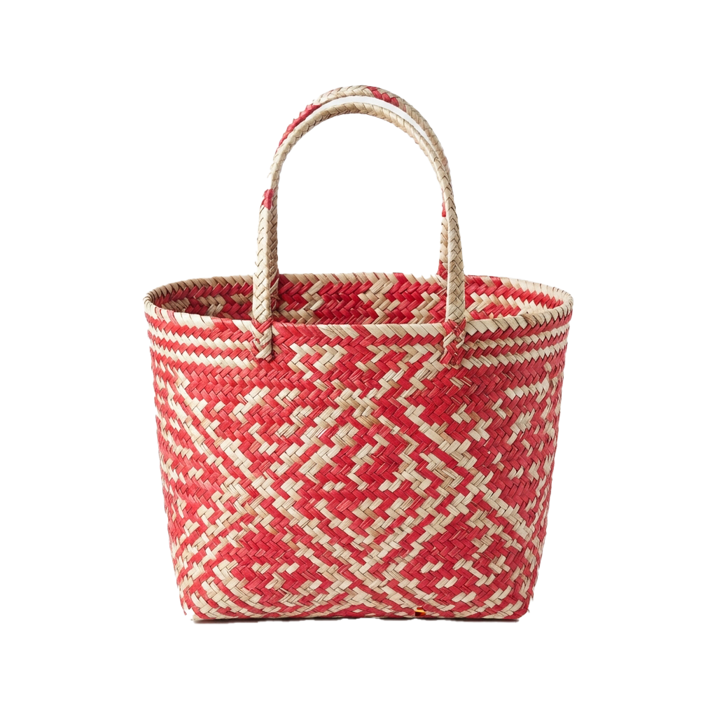 Handwoven tote bag with red and white geometric diamond pattern and natural-colored handles