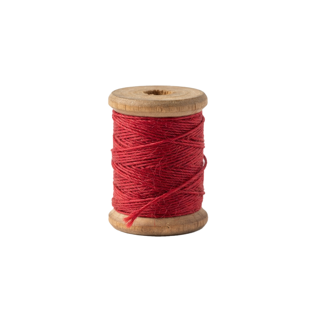 A wooden spool of bright red wool thread with a hole in the center for hanging or threading a needle.