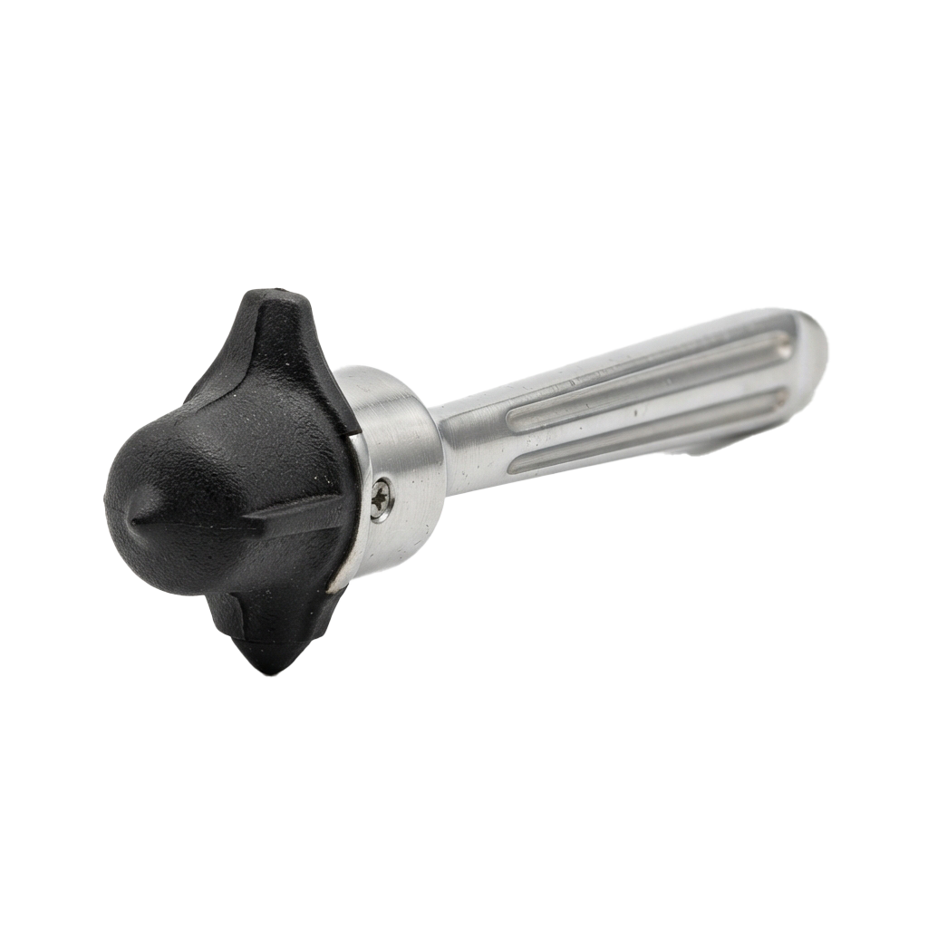 A bike handlebar end cap featuring a rubberized grip and metallic shaft.