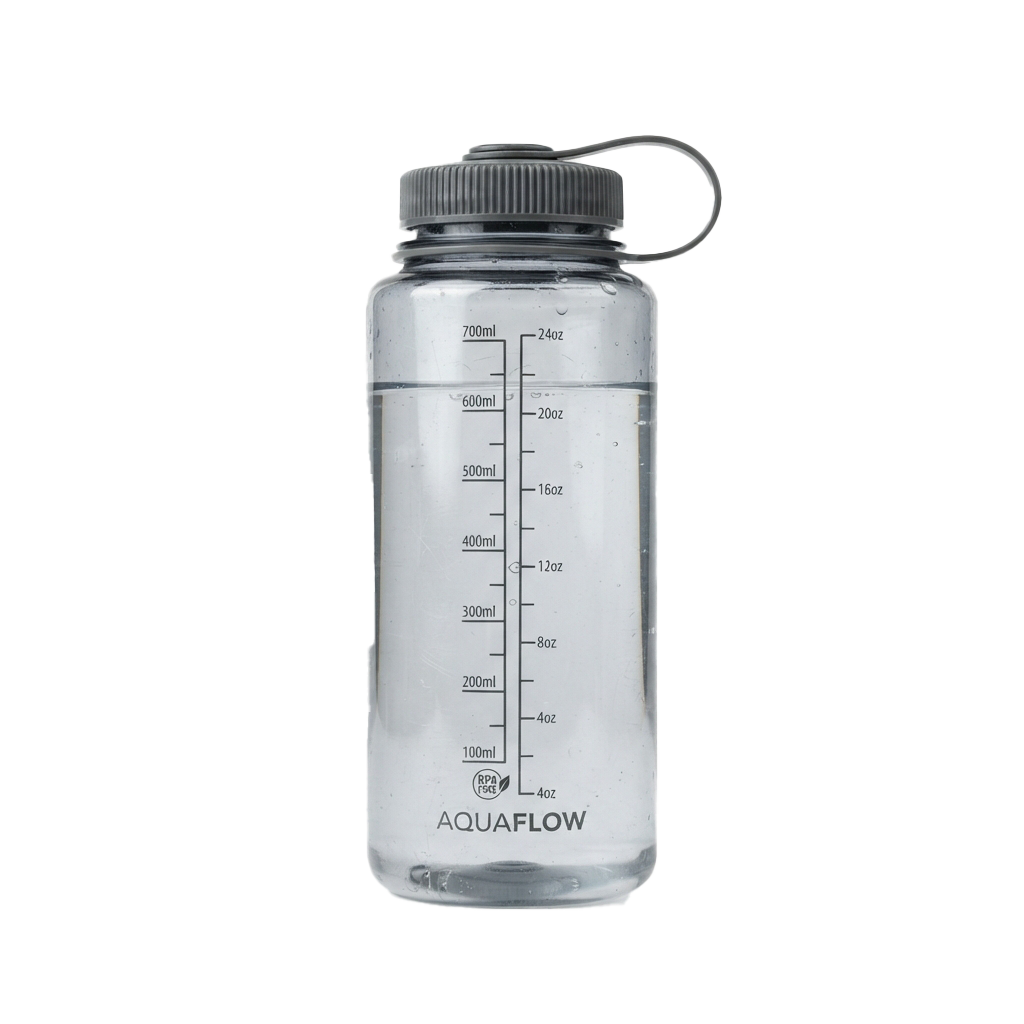 Clear plastic water bottle with measurement markings in milliliters and ounces, gray cap, and carabiner loop