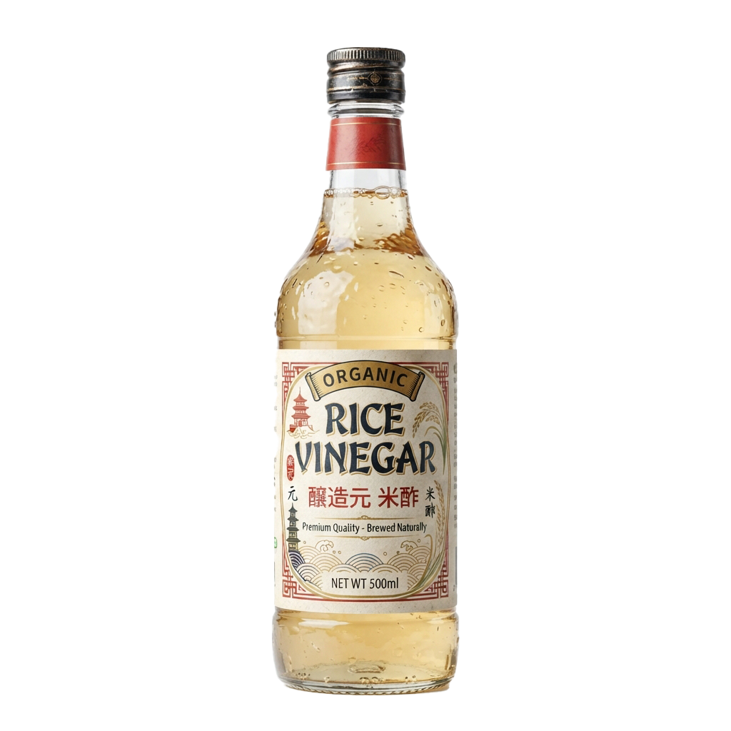 A clear glass bottle of organic rice vinegar with a red cap and label, standing upright against a black background.